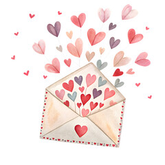 Watercolor love letter envelope with flying paper hearts isolated on transparent grid background