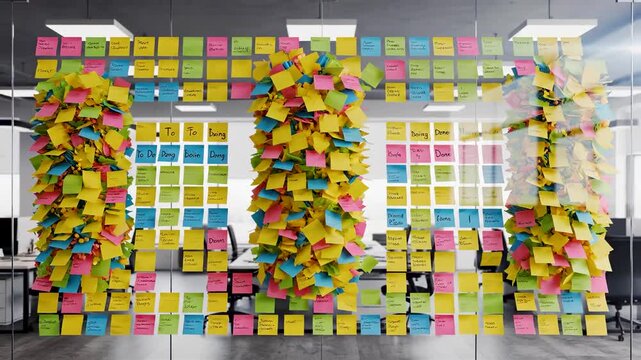 Corporate Office Timelapse of Colorful Sticky Notes Appearing on Glass Wall Showing Organized Ideas and Structured Planning Process