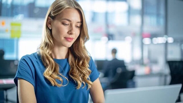 Junge h&uuml;bsche B&uuml;rodame arbeitet am Laptop im modernen B&uuml;ro
