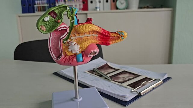 Model of human pancreas and gallbladder held by a medical professional in a clinical setting
