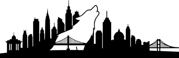 Fototapeta premium Dynamic wolf silhouette howls over iconic city skyline, symbolizing urban spirit and wild freedom in a powerful graphic.