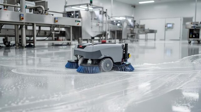 Robot equipped with wet scrubbing technology sanitizing a smooth factory surface ensuring hygiene and cleanliness in a sterile production environment.