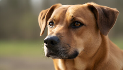 Close-Up Portrait Of A Calm Brown Dog With Warm Eyes Outdoors