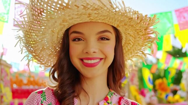 A girl at a June festival wearing traditional clothing and a straw hat, with Saint John's Day flags and the Brazilian flag in the background.