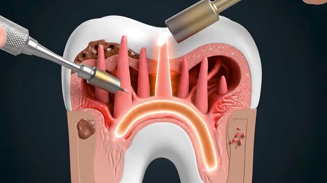 Cross Section View of Root Canal Treatment Cleaning Infected Tooth Pulp and Sealing Canals With Filling to Preserve Natural Tooth