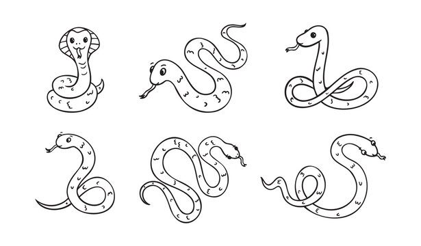 Hand drawn cute outline simple snake children coloring book set. Kind doodle snake smile isolated on white background.