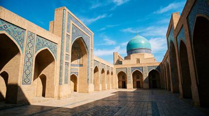Fototapeta premium Ancient Islamic Courtyard with Intricate Blue Tilework and Dome, Uzbekistan Architecture Photography