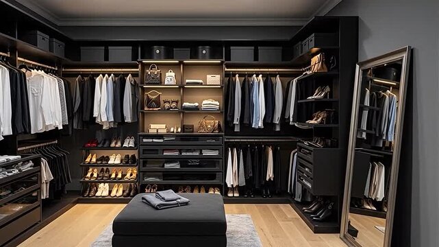 Luxurious and organized walk-in closet with a wide selection of stylish clothes, shoes, and accessories in a modern home interior.