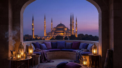 Obraz premium Cozy Balcony Seating with Blue Mosque View at Twilight, Ramadan Lanterns, Cushions, Blank Space for Text - Serene Islamic Architecture Photography
