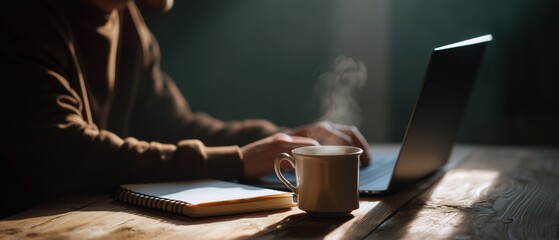 Remote worker typing on laptop with coffee in dramatic light