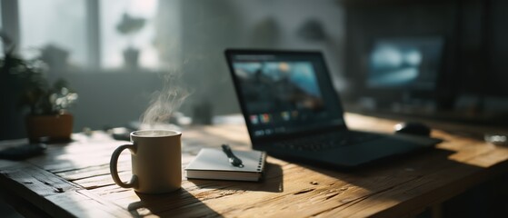 Morning Coffee on a Wooden Desk with Laptop and Sunlight