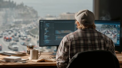Creative professional working on computer in home office with city view