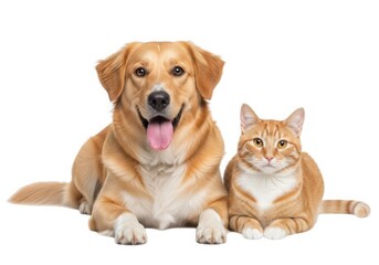 Fototapeta premium A happy golden retriever dog and orange tabby cat lying together on white background