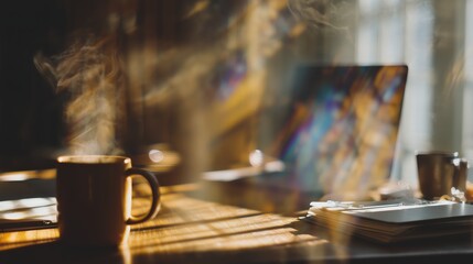 Steaming coffee mug on a wooden desk with laptop in warm morning light