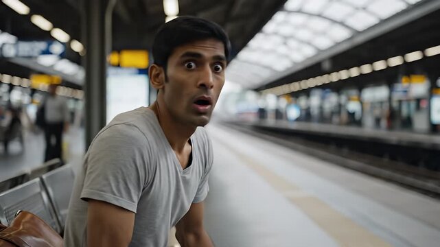 Young Man Waiting at Subway Station Platform.