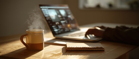Steaming Hot Drink Next to Laptop on Wooden Desk at Sunset