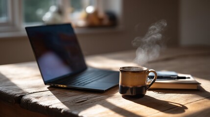 Steaming Coffee Mug and Laptop on Rustic Wooden Desk