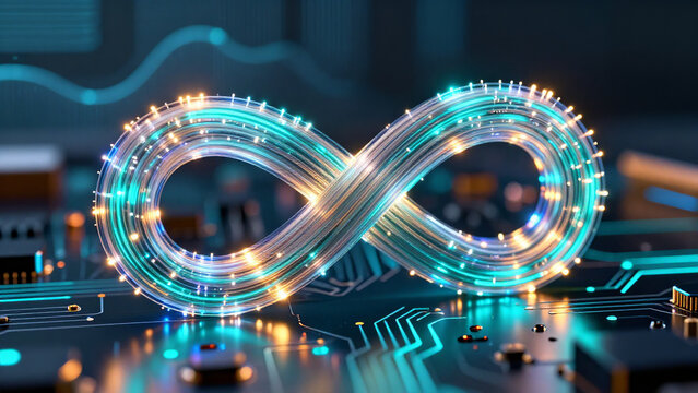 CI/CD concept with a glowing infinity loop on a futuristic digital circuit board. DevOps software development automation, continuous integration and continuous delivery technology background.