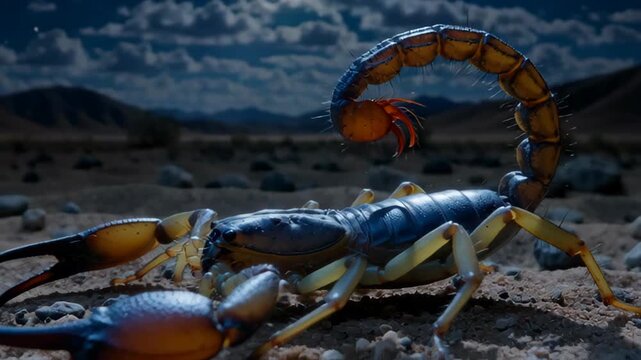 Close-up view of a scorpion in a rocky desert landscape illuminated by moonlight, showcasing its detailed features and natural environment
