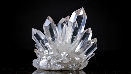 Captivating Cluster of Clear Quartz Crystals Against a Dark Backdrop.