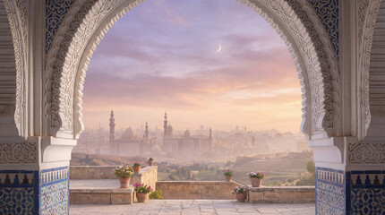 Obraz premium Exotic Arabian Cityscape at Dawn Through Ornate Archway, Crescent Moon in Sky, Misty Haze, Traditional Architecture, Travel Destination Photography