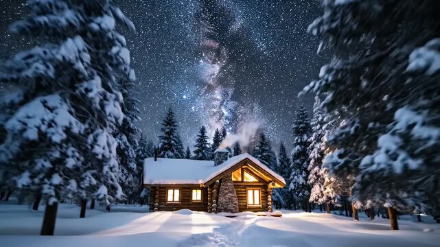 A snowy cabin glows under a brilliant night sky; snow-laden trees frame the view
