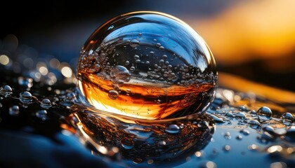 Captivating crystal ball reflecting a vibrant sunset landscape with water droplets.