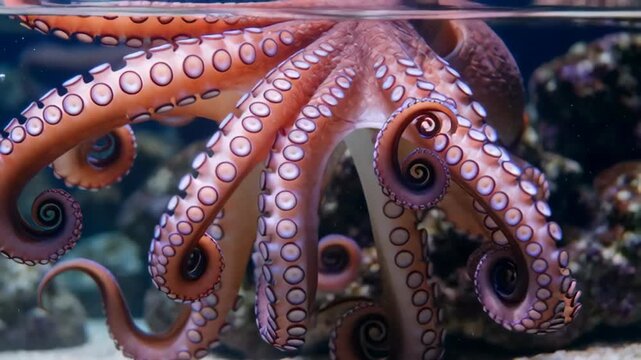 Colorful octopus gracefully moving through water, showcasing intricate tentacles and vibrant patterns in a vibrant underwater environment