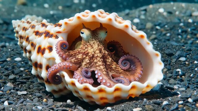 Colorful octopus partially hidden inside a conch shell on a sandy seabed, showing its tentacles and expressive eyes