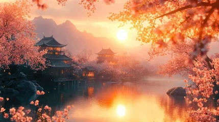Wandcirkels Koraal Ancient Asian village in spring with delicate cherry blossoms and traditional buildings reflecting on a tranquil lake at a vivid sunset, creating a magical wonderland  © Марина Сухина