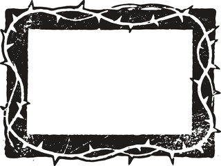 Grungy black rectangular frame wrapped with sharp barbed wire, distressed vintage border design