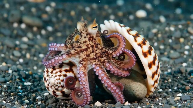Close-up of a colorful octopus interacting with a patterned shell on the ocean floor, showcasing its vibrant hues and intricate texture