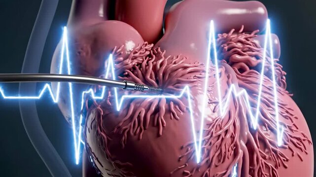 Cinematic View Inside Beating Human Heart Showing Pacemaker Electrode Restoring Strong Synchronized Rhythm With Electrical Pulse