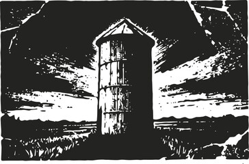 Obraz premium Rustic wooden water tower silhouette with dramatic sky, countryside landscape illustration