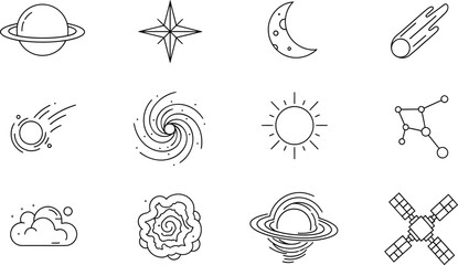 A collection of minimal line icons representing celestial bodies and space phenomena © Simu Store