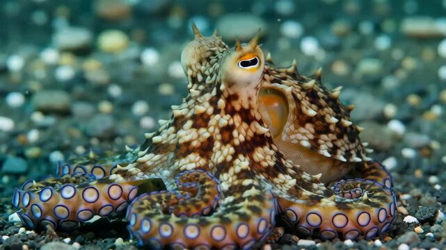 An octopus with a spiky body displaying vibrant colors and patterns in a shallow coral reef with blurred underwater background
