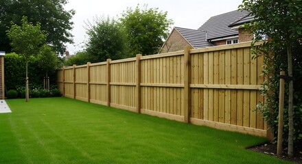 Obraz premium New wooden fence installation along perimeter of residential garden with green lawn and healthy trees under overcast sky showing high quality timber craftsmanship for backyard privacy and security