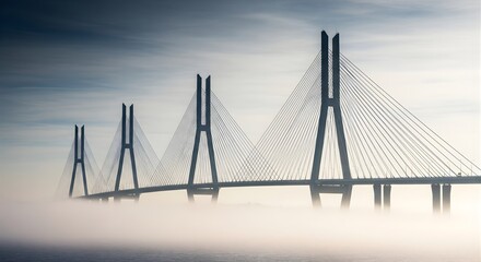 Fototapeta premium Large cable stayed bridge stretching across water surface enveloped in thick morning fog and mist with tall concrete pylons and steel suspension cables creating dramatic geometric pattern in sky