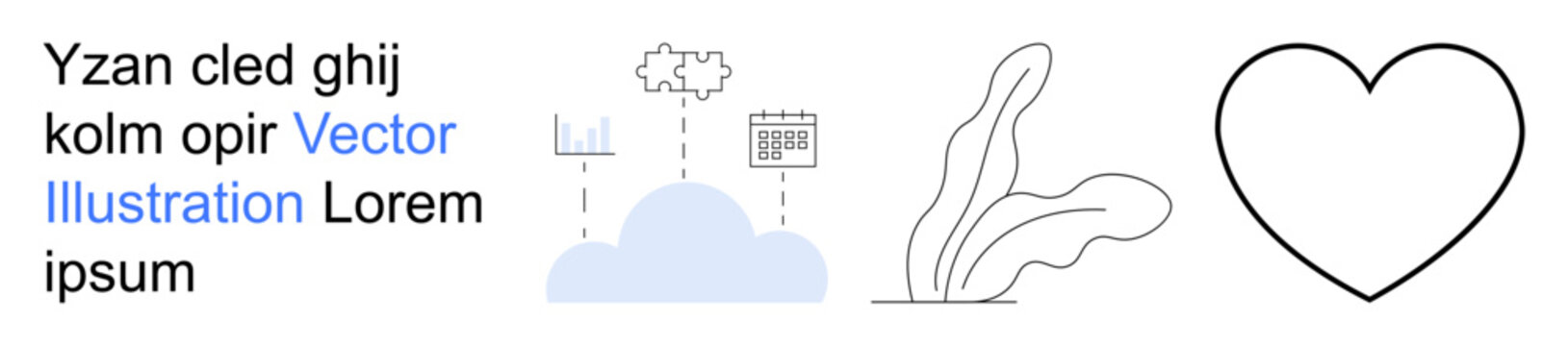Productivity, nature, emotions, data organization, scheduling, design elements. Blue cloud and calendar, leafy plant lines and a heart shape. Productivity and nature as visual concepts
