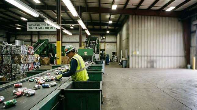 Worker sorting aluminum cans on conveyor belt in recycling facility  