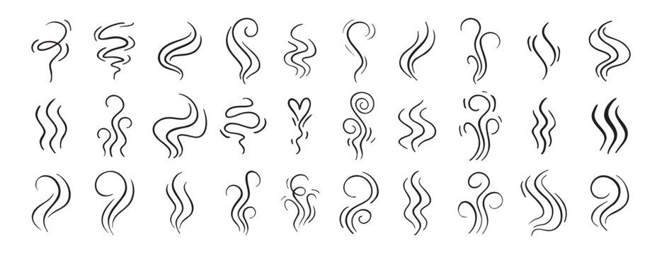 Fire steam or Line smoke doodle hand drawn set. smell waves from food or coffee and beverages sketch style.