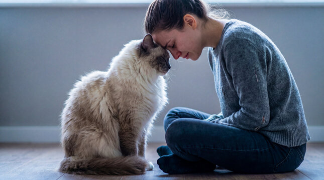 Young woman touching foreheads with fluffy cat on floor. Emotional bonding, pet therapy, comfort, love, and human-animal connection concept.