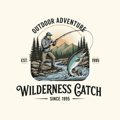 Naklejka premium Outdoor Fishing Adventure Illustration with Angler and Mountain River for Apparel and Branding