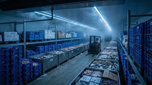 Cold storage room with blue crates and forklift in industrial setting  