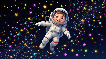 Cheerful cartoon astronaut floating weightlessly in vibrant multicolored star field, celebrating curiosity, freedom, and joyful space adventure