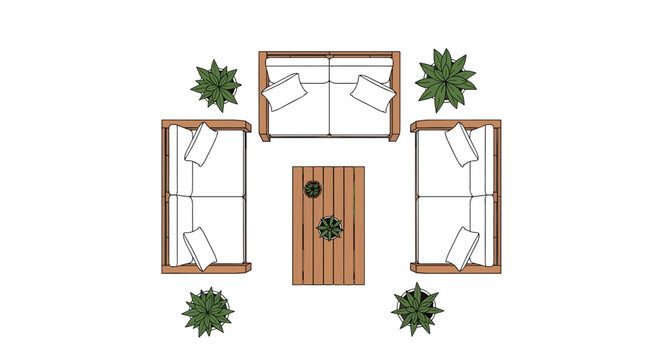 Top-Down Plan View of Modern Outdoor Patio Furniture Set with Sofas and Coffee Table