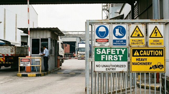 Factory gate with safety signs and security booth in industrial area  