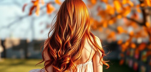 Long auburn hair cascading down back, flowing dress,  carefree,  cascade
