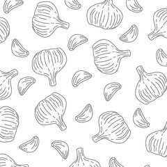 Fototapeta premium Hand Drawn Garlic Seamless Pattern. Organic Food Background. Perfect for culinary packaging, spice labels, organic food branding, kitchen decor, wrapping paper