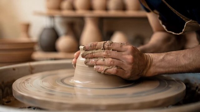 Focused view of wet clay softly centered on a rotating wheel artists arms gently guiding the form while shelves with drying pots fade behind.